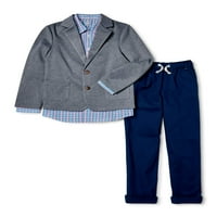 Wonder Nation Boys 4- & Husky Suit сет со плетен блејзер, кошула со копчиња и панталони, комплет за облека од 3 парчиња