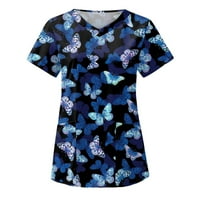 Хеи_к Жените Мода Пеперутка Печати V-Вратот Краток Ракав Работна Облека со Џебови Врвови лето блузи за жени