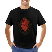 Срце со гравура гроздобер украс машка маица памук лежерна кратка ракав врвови за подароци за подароци црна XL