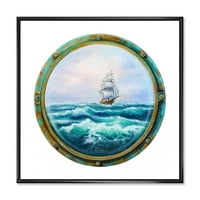 DesignArt 'Бродот во бурниот океан преку прозорецот на кабината' Наутички и крајбрежно врамено платно wallидна уметност печатење
